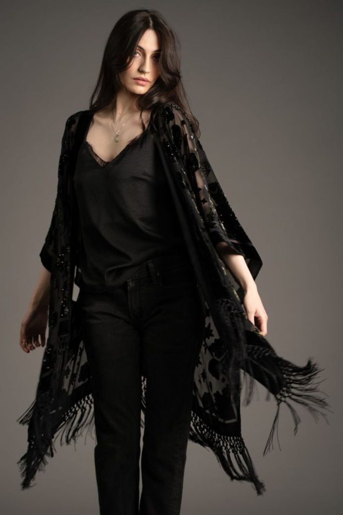 Black satin kimono with jeans
