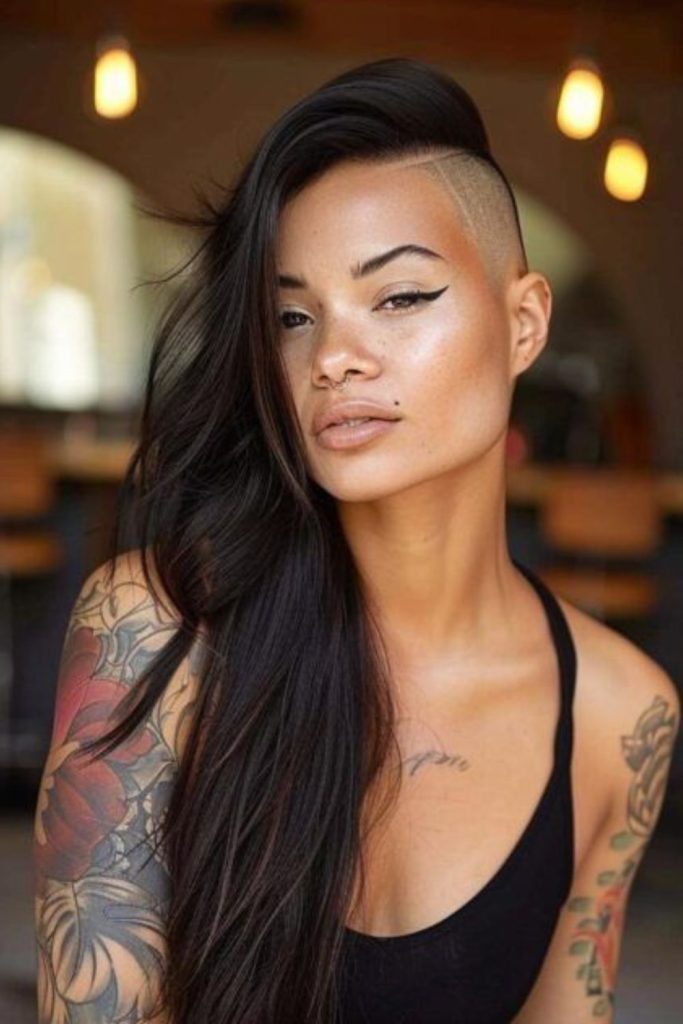 Jet-black hair with angular undercut