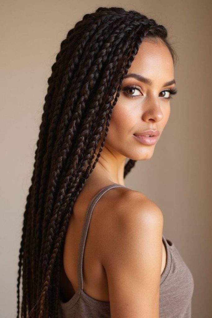 Dark coiled braids with shine