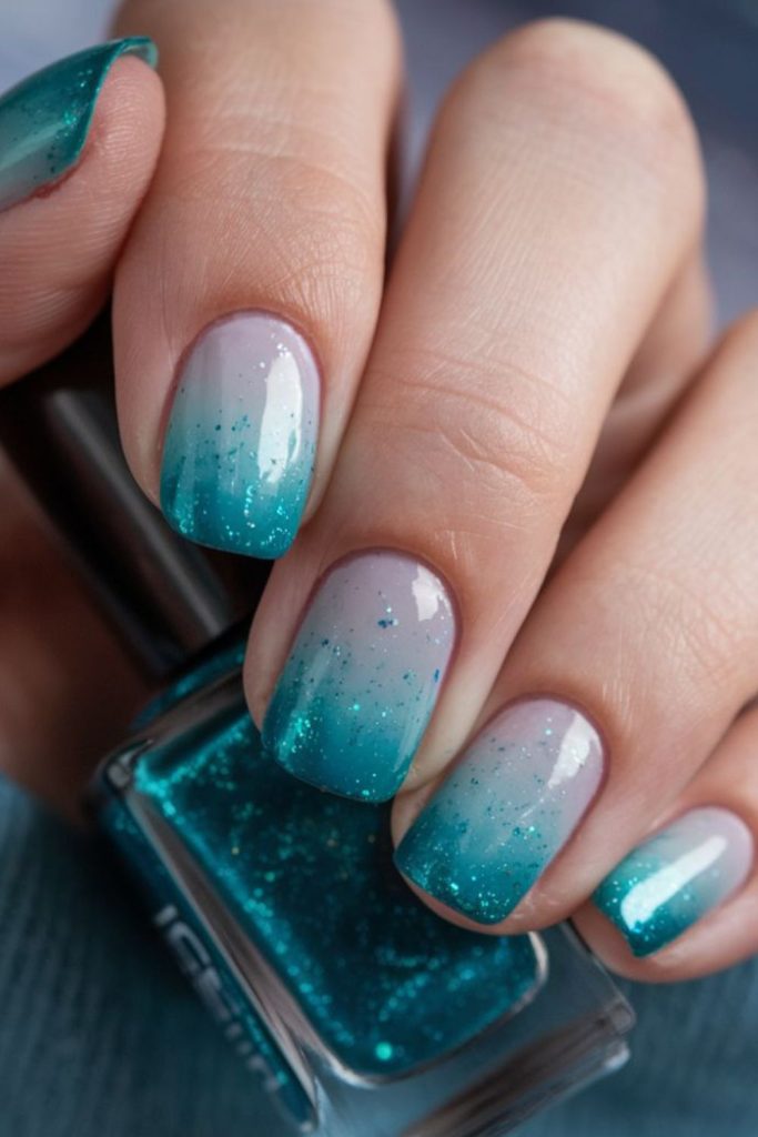 Teal stormy gradient nails serene waves