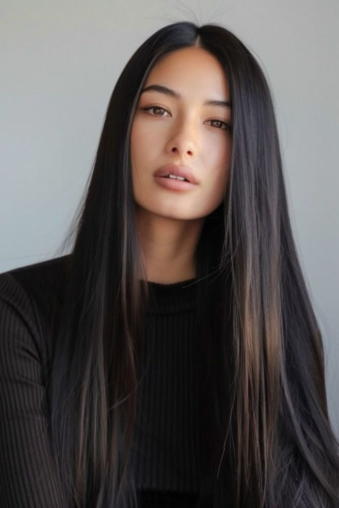 Long jet-black shiny sleek strands