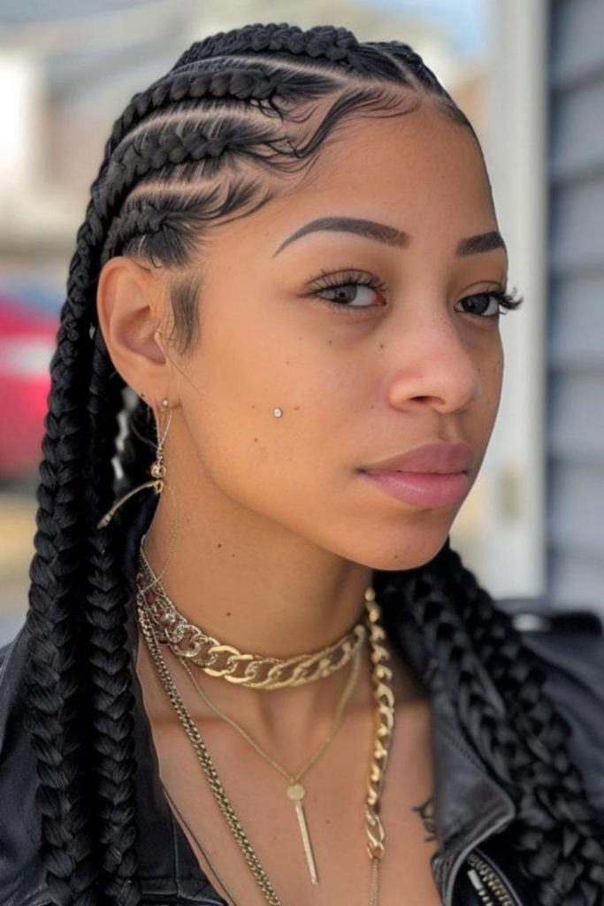 Panther sleek black straight back braids.