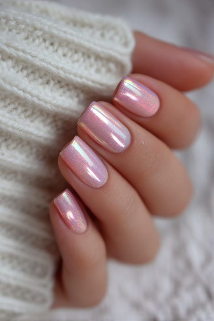 Peach nails with icy shimmering tips.