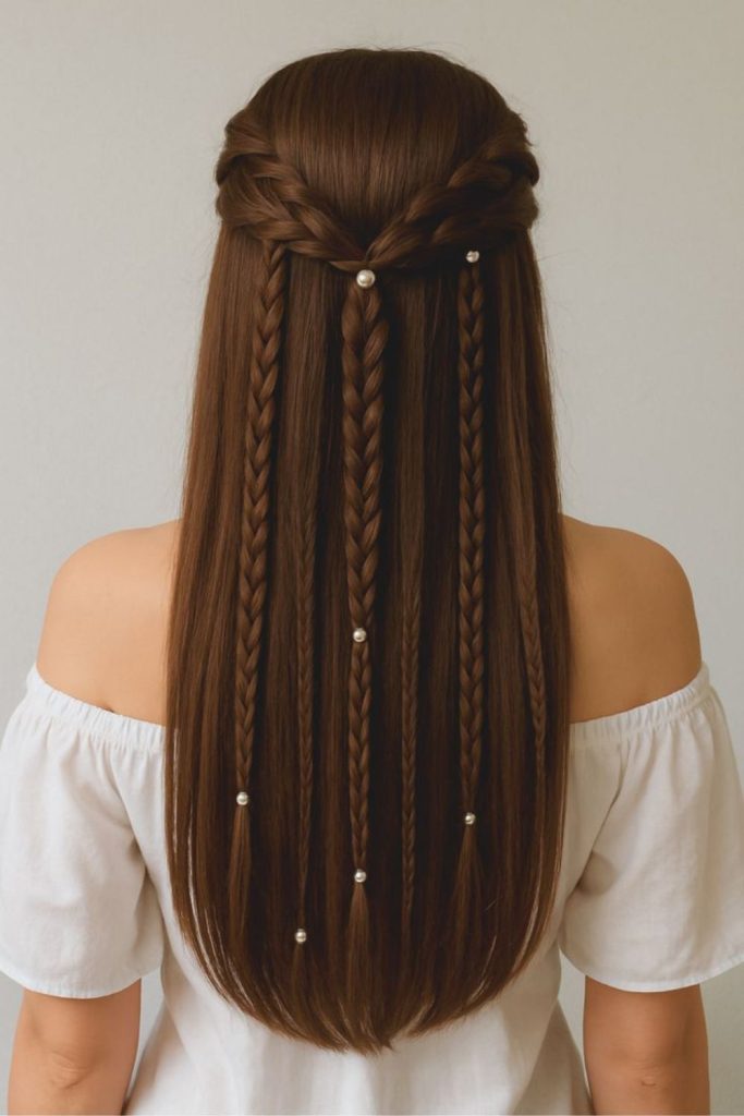 Pearl beaded straight back braids style.