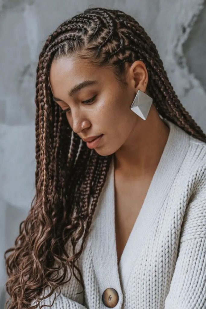 Fiery feather-like braids with bold flair