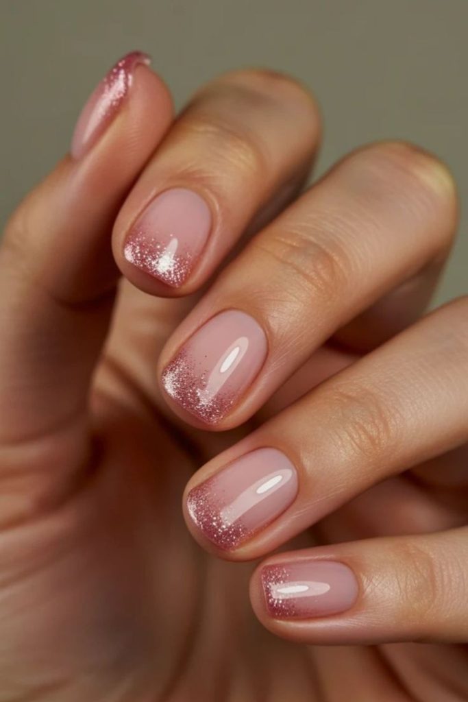 Rosy champagne nails with sparkling flecks.