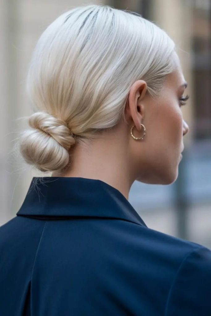 Platinum sculpted bun sharp elegant hairstyle