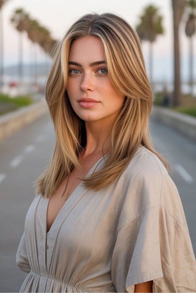 Sleek straight mid-length polished hairstyle