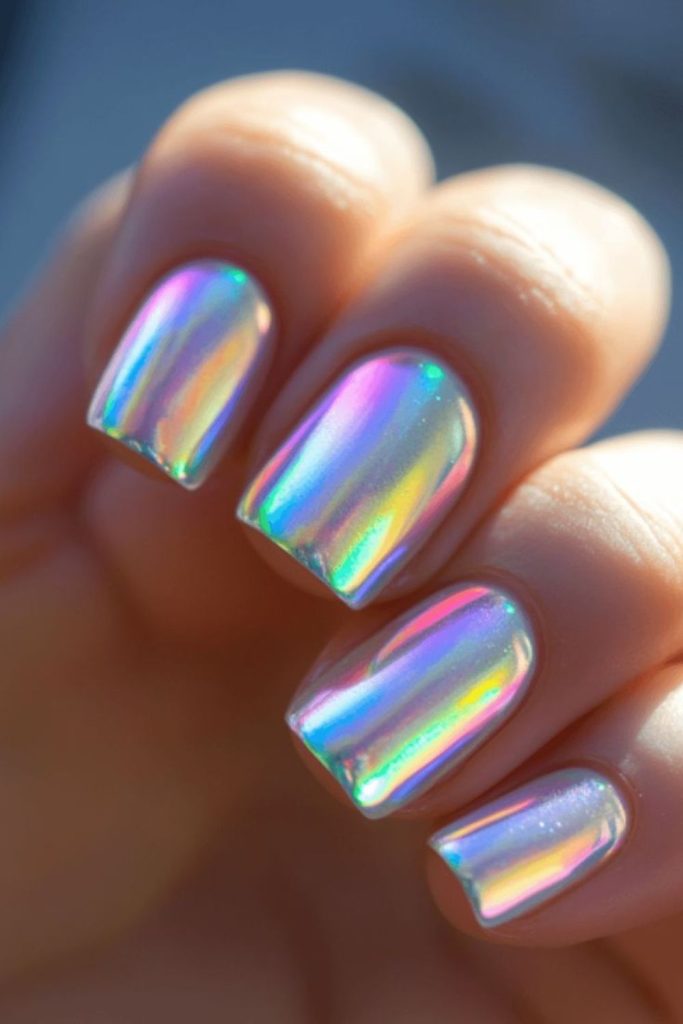 Rainbow streaked nails with iridescent shards.