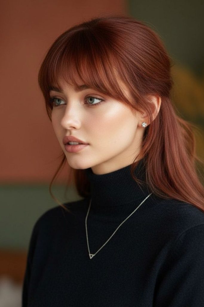 Red velvet fringe brown hairstyle look.