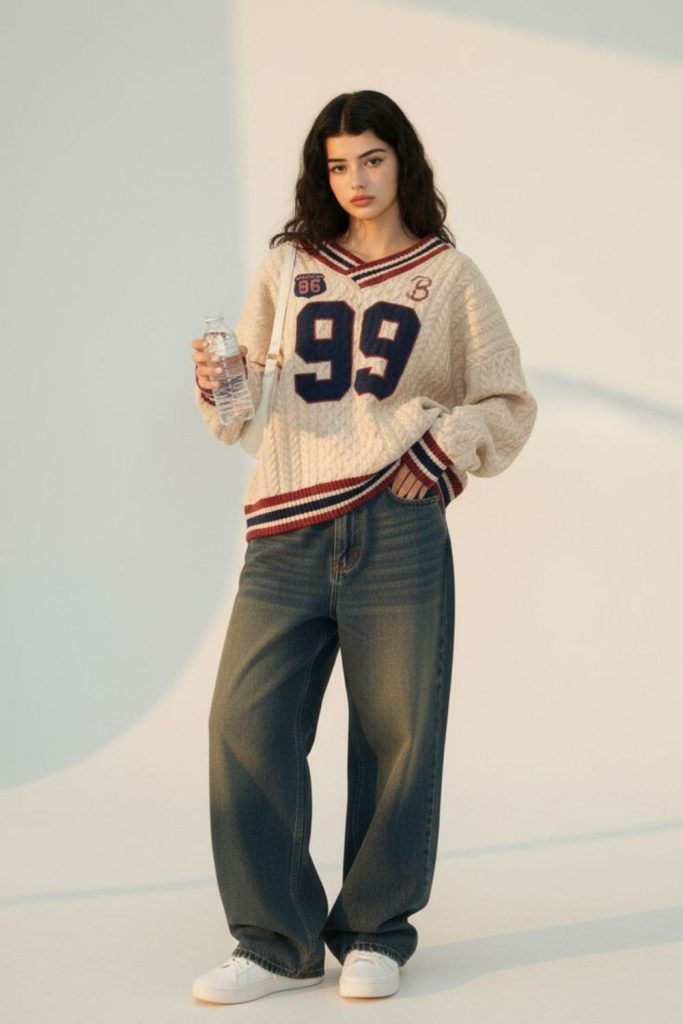 Vintage sweatshirt flare jeans style.