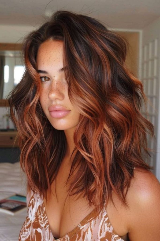 Rustic auburn layered brown hairstyle look.