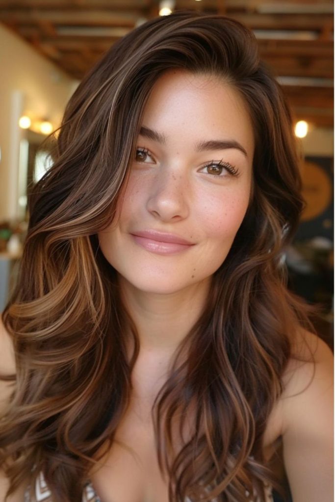 Brown hair with rustic bronze bold highlights.