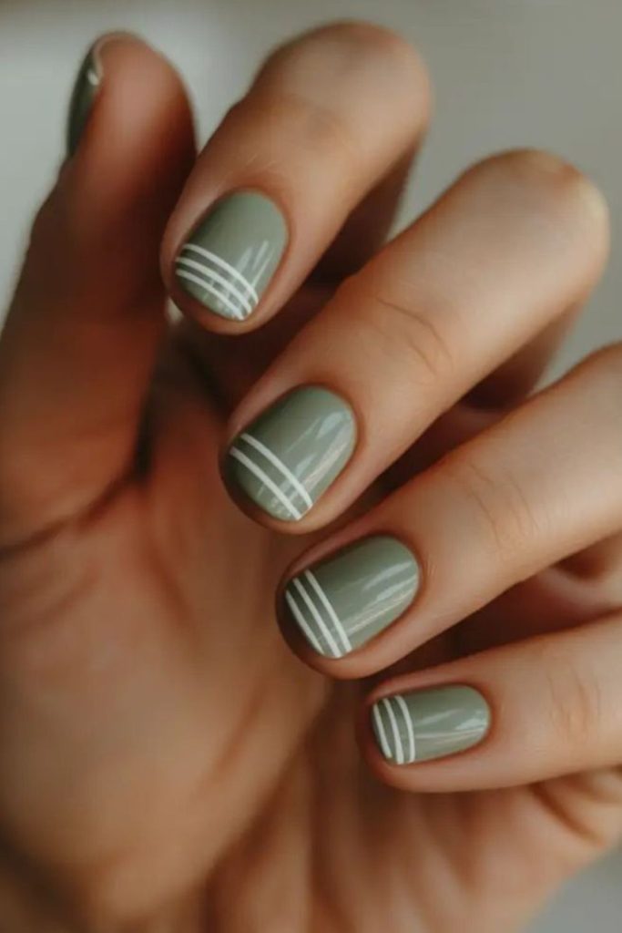Soft green nails with angular lines.