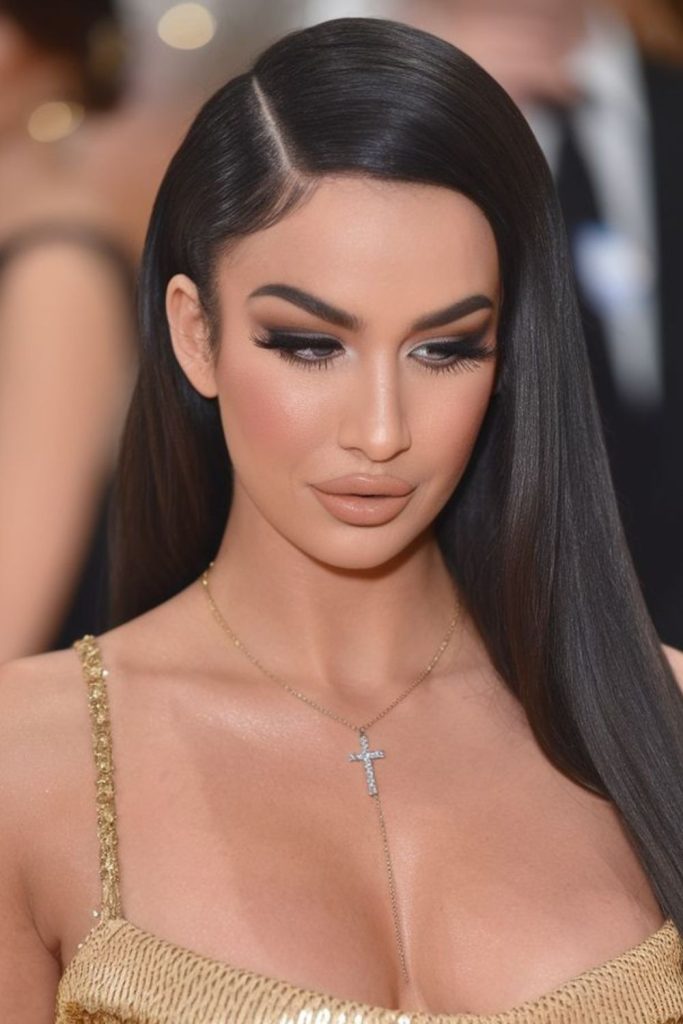 Blue-black sleek hair with side part