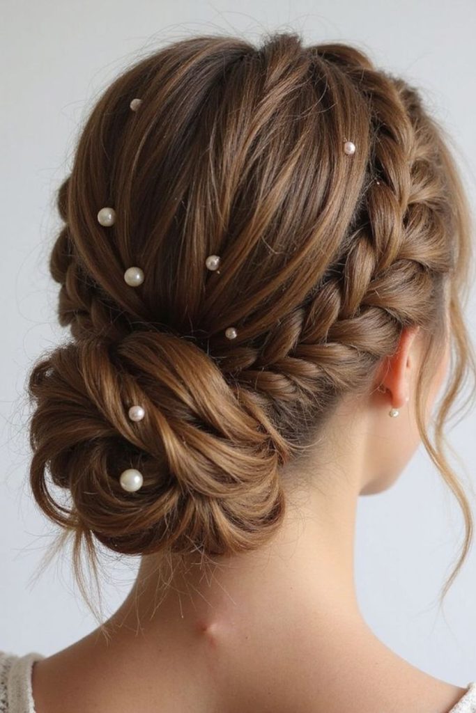 Braided bun with intricate sculpted design.
