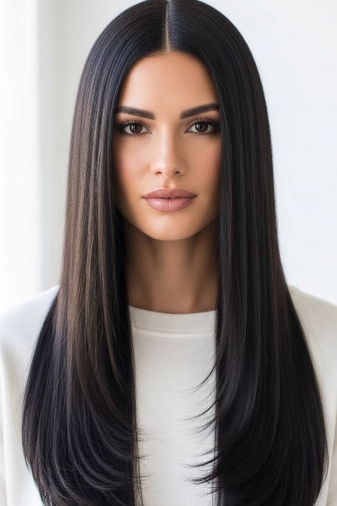 Glossy black long hair with shine