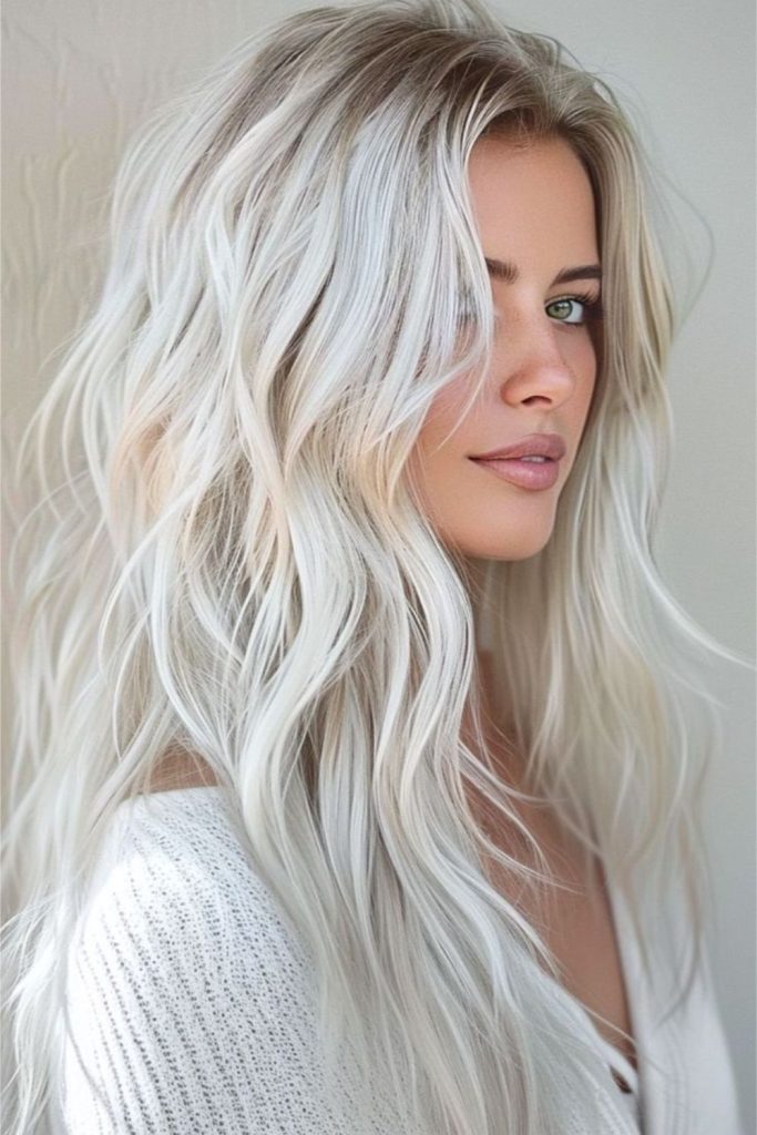 Long cascading platinum hair with shine