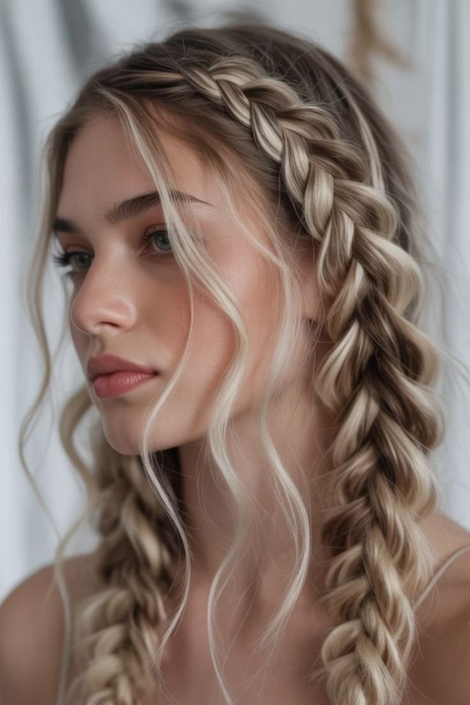 Silver highlighted sleek straight back braids.