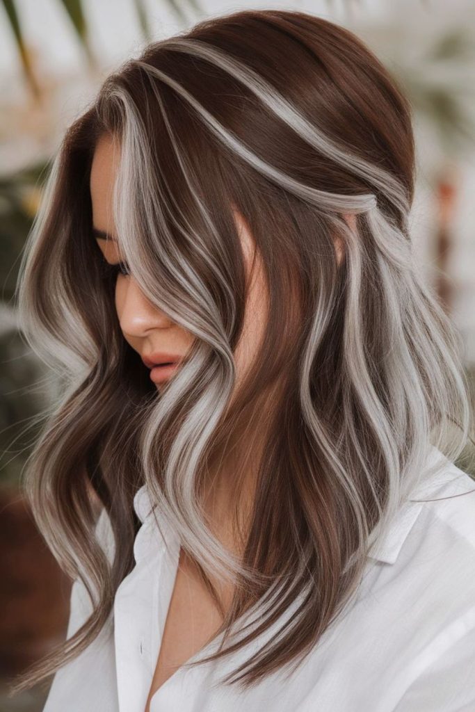 Silver mist ash highlights dark hair.