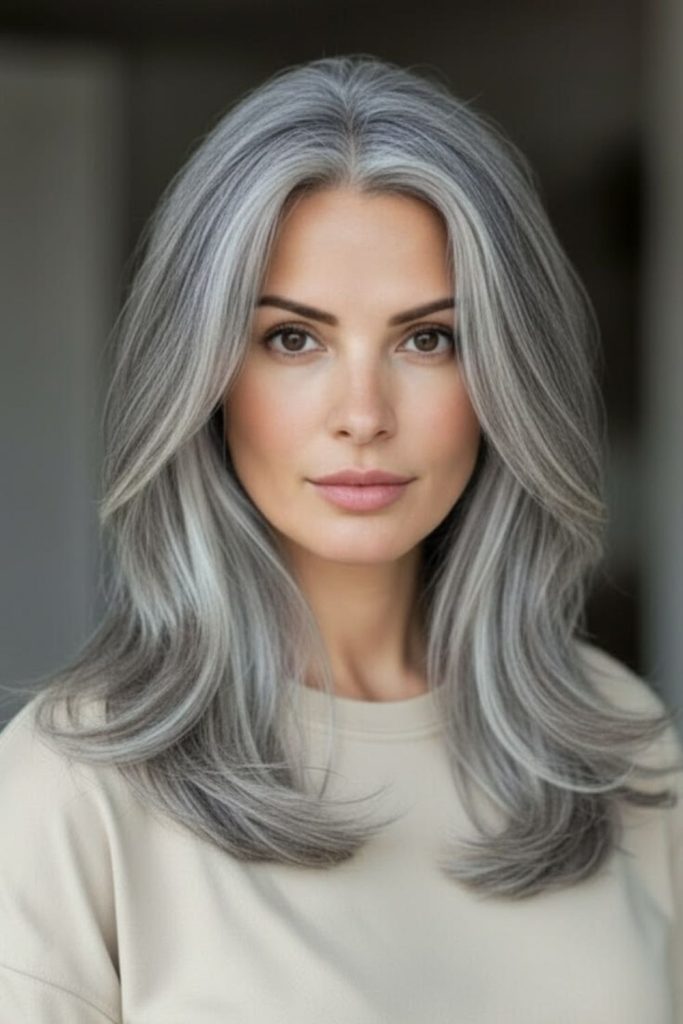 Long silver hair with reflective highlights