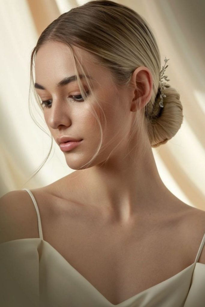 Center part sleek low bun style.