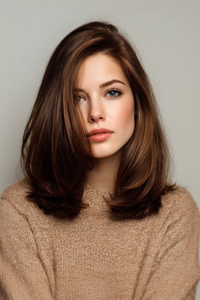 Polished shoulder-length straight angled haircut