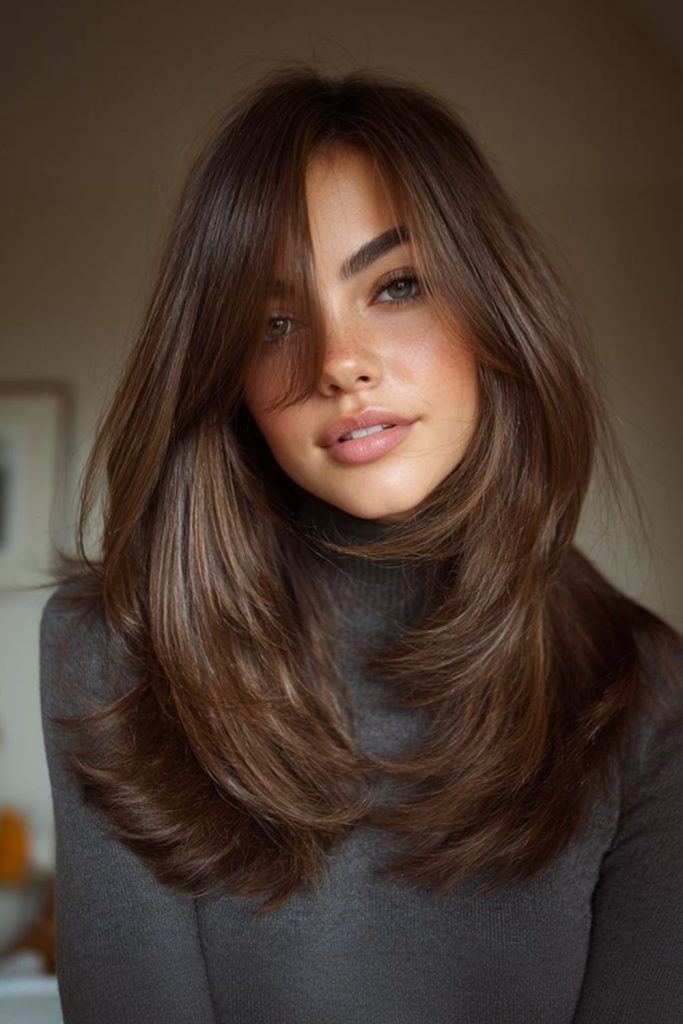 Angled curtain mid-length hair style