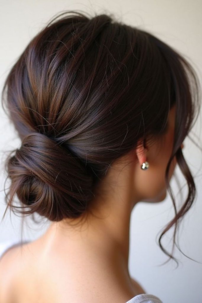 Low chignon with soft romantic strands.
