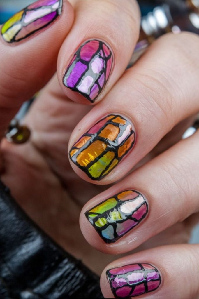 Colorful stained glass effect nails