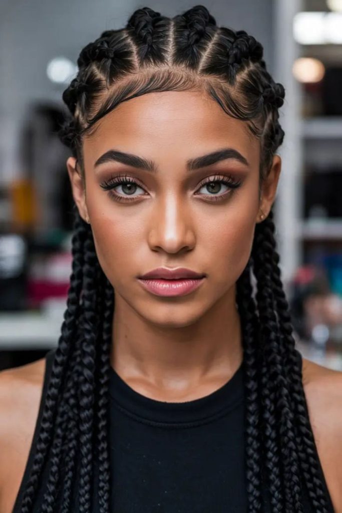 Storm dark dramatic straight back braids.