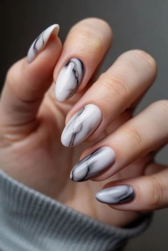 Grey and silver stormy swirl nails