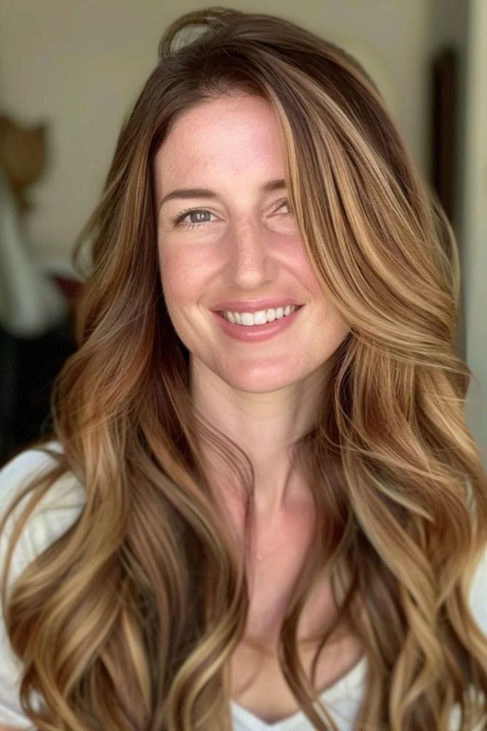 Brown hair with subtle golden thread highlights.