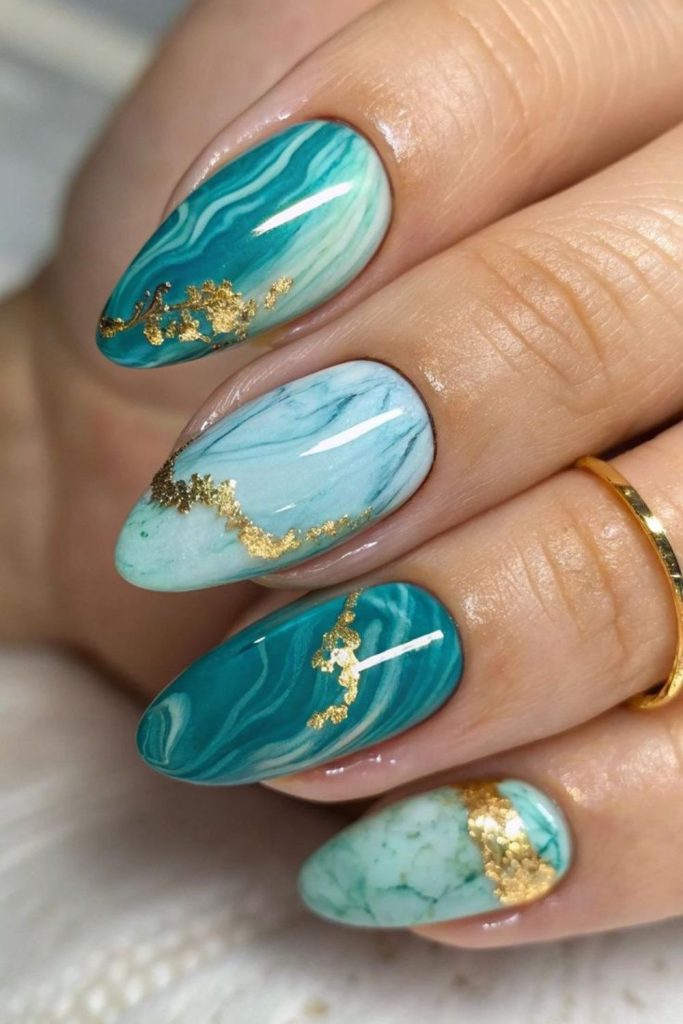 Teal gold nails hidden ocean gems