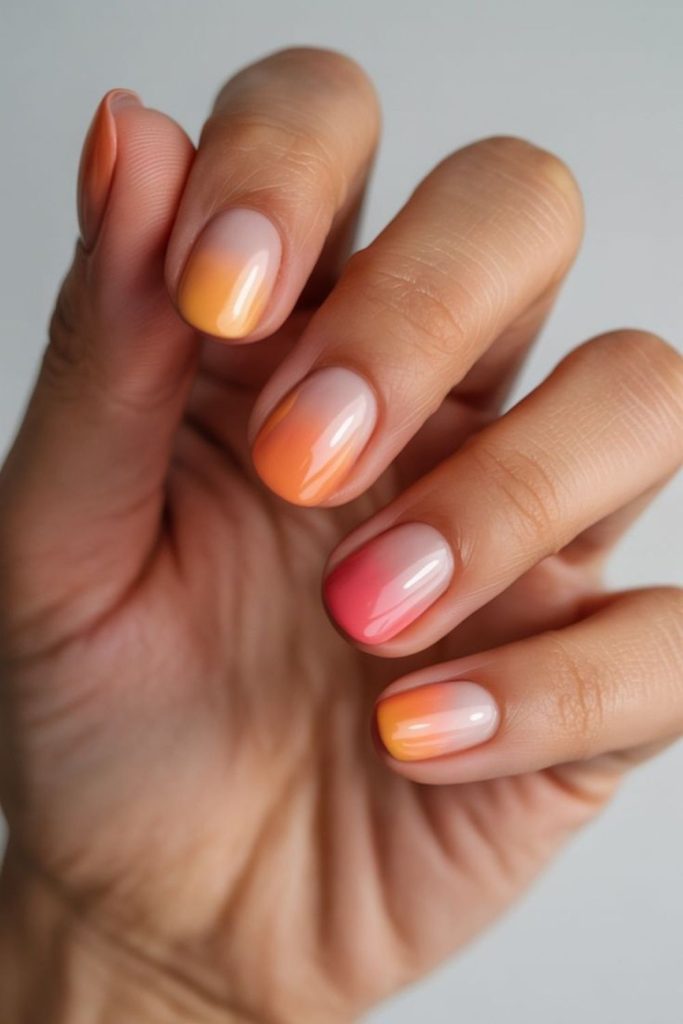 Orange pink sunset gradient nails