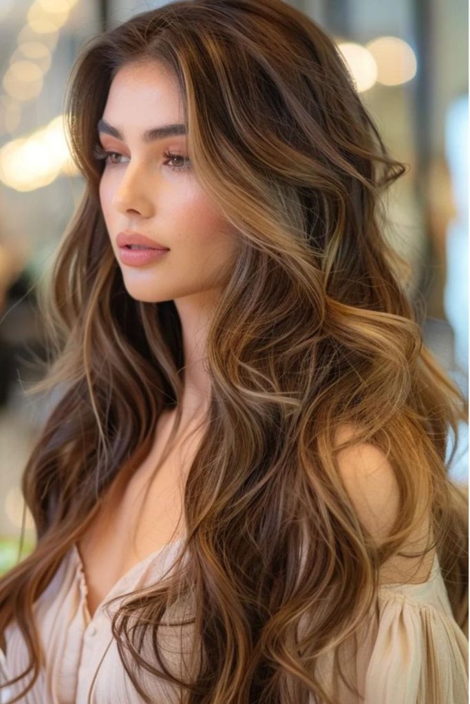 Chocolate brown hair with toffee swirl highlights.