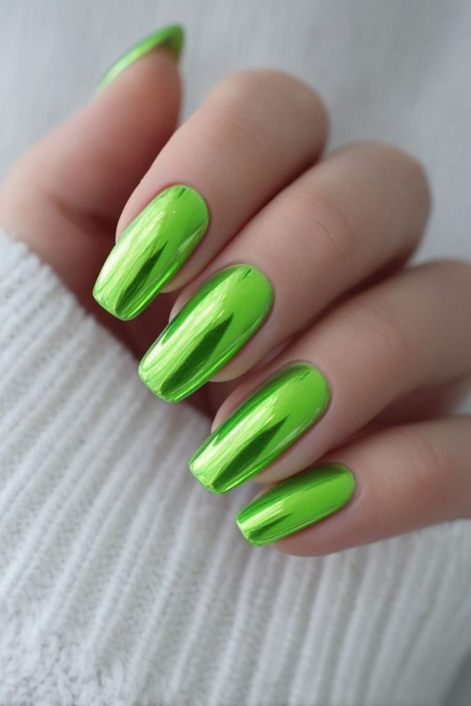 Neon green chrome glowing nail design