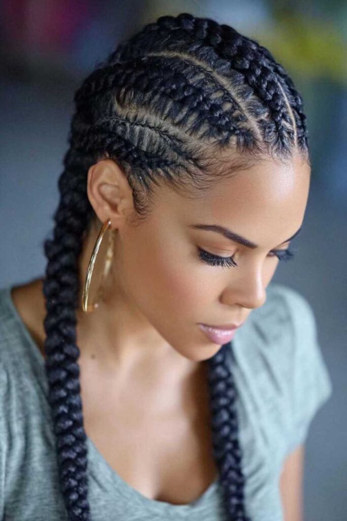 Tribal pattern straight back braids hairstyle.