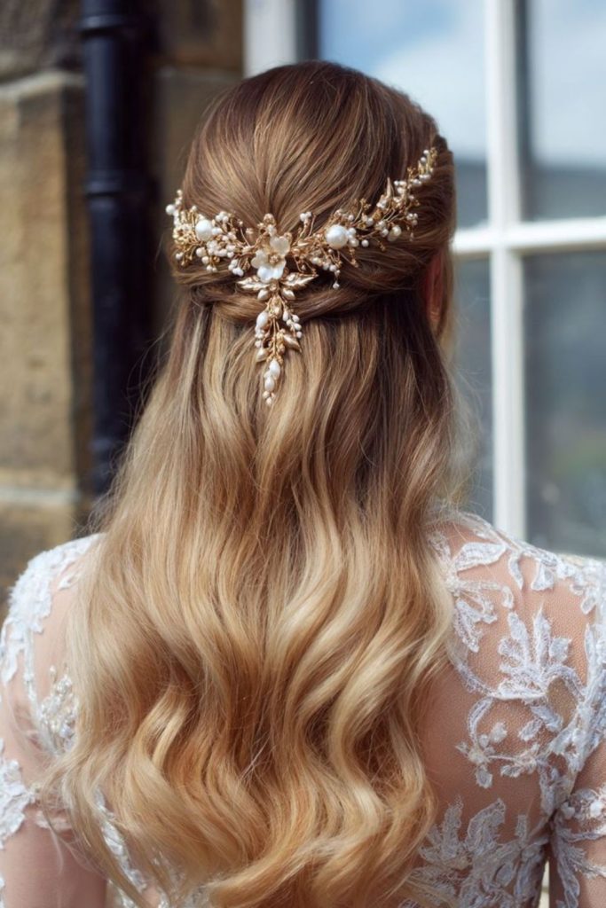 Half up hair with sparkling clips.