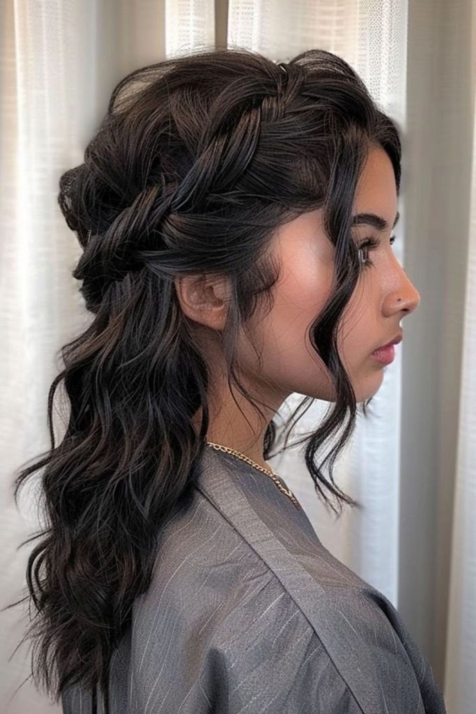 Twisted crown half-up hairstyle mid-length