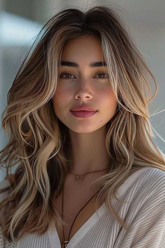 Brown hair with vanilla soft blended highlights.