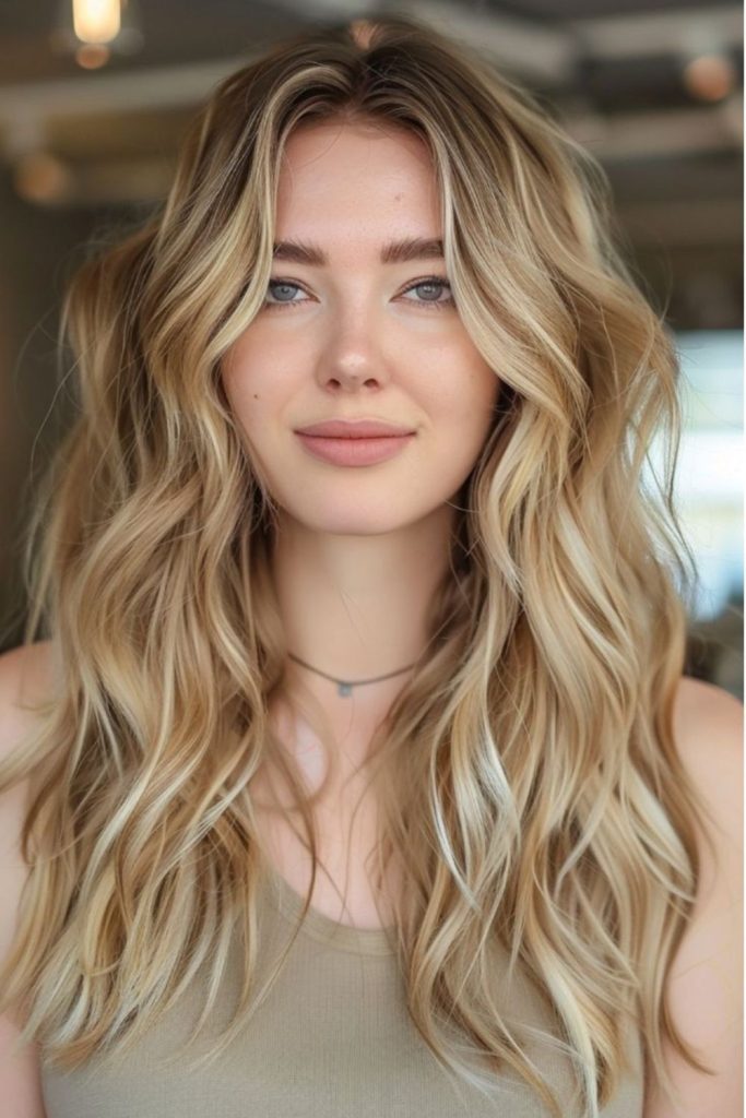 Soft butterscotch wavy layered hair