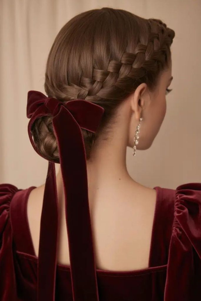 Velvet spiral crown elegant updo hairstyle