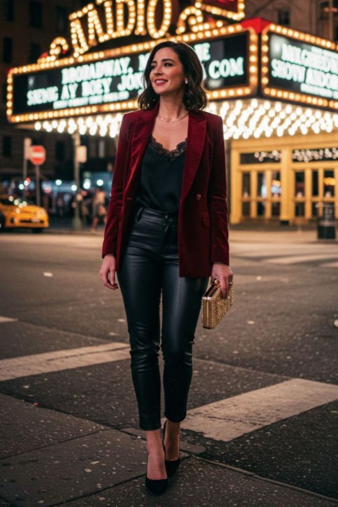 Plum velvet blazer leather pants