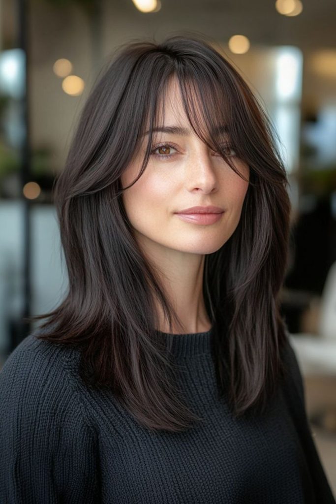 Smooth black curtain-style hair look