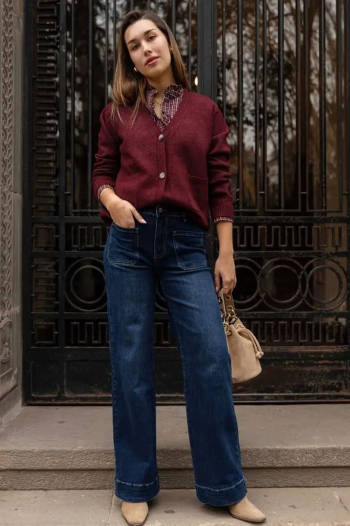 Velvet cardigan flared trousers style.