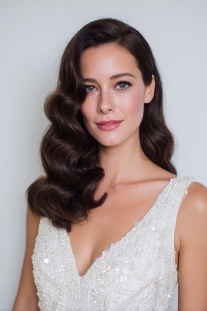 Retro side-swept wavy bridal look