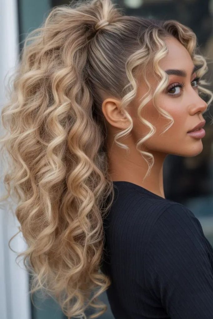 High curly pony voluminous style