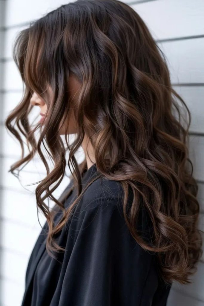 Amber silk drift in walnut brown hair.