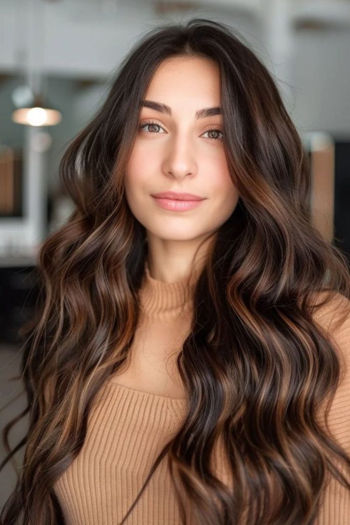 Walnut brown hair with subtle golden sheen.